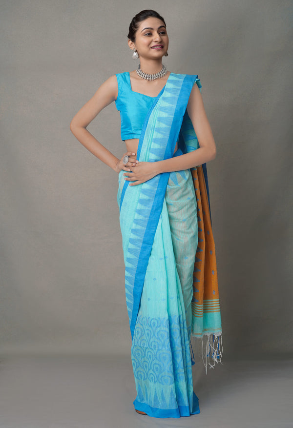 BlueBrown PureHandloom Bengal Linen Saree-UNM64859