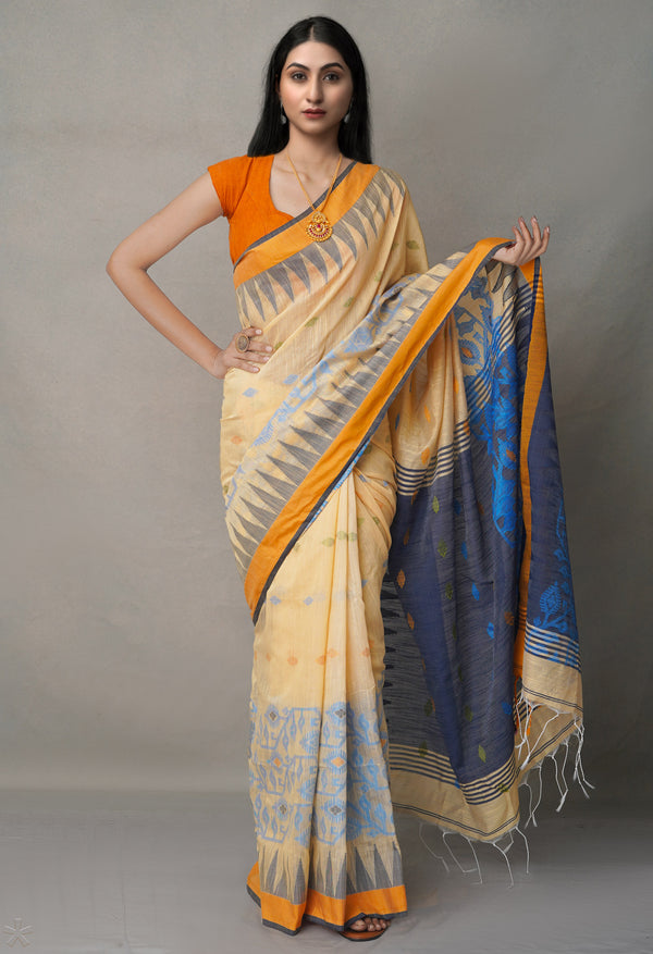 Blue-Orange PureHandloom Bengal Linen Saree