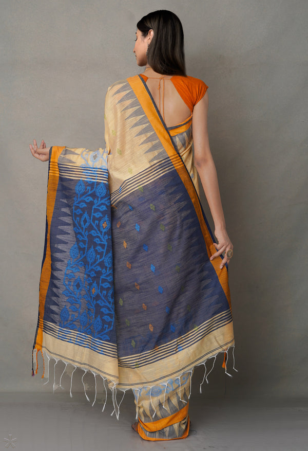 Blue-Orange PureHandloom Bengal Linen Saree