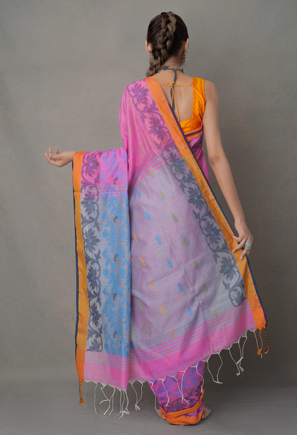 Pink-Blue PureHandloom Bengal Linen Saree-UNM64861