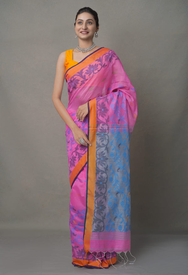 Pink-Blue PureHandloom Bengal Linen Saree-UNM64861