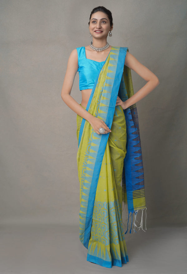 Green-Blue PureHandloom Bengal Linen Saree