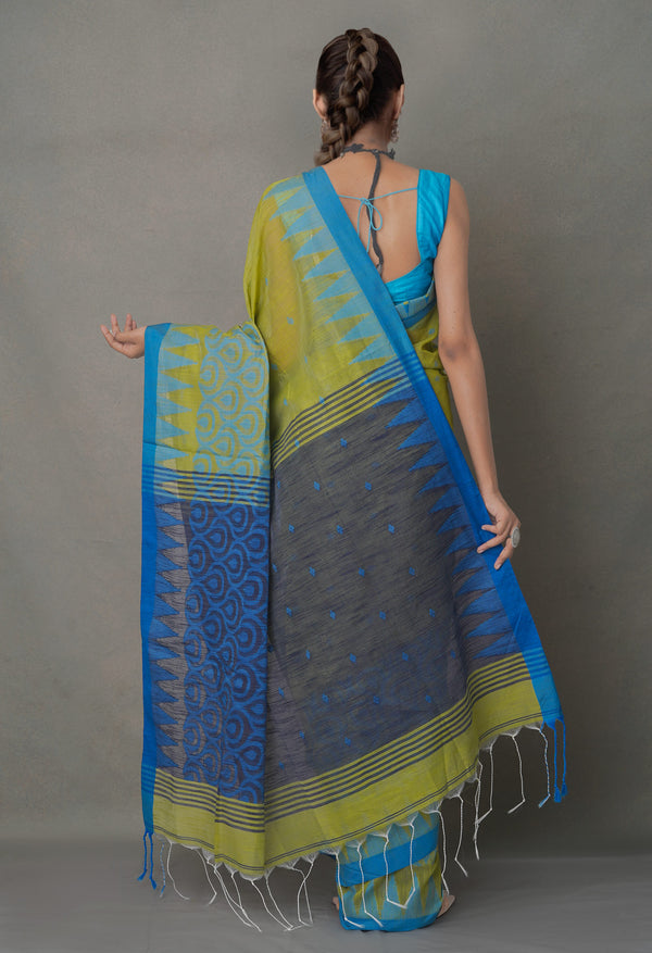 Green-Blue PureHandloom Bengal Linen Saree