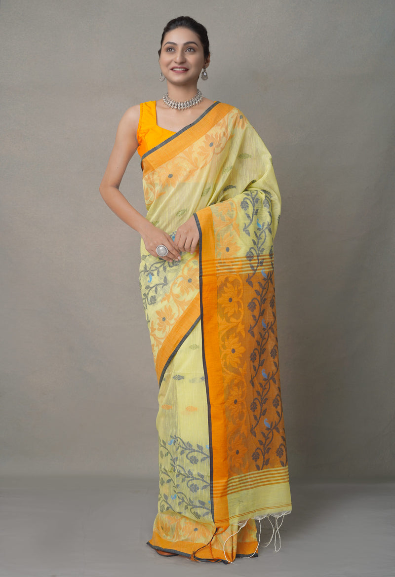 Yellow-Orange PureHandloom Bengal Linen Saree-UNM64863