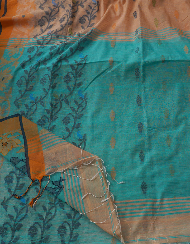 Yellow-Orange PureHandloom Bengal Linen Saree-UNM64863