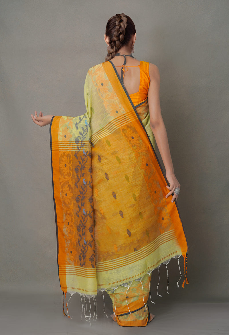 Yellow-Orange PureHandloom Bengal Linen Saree-UNM64863
