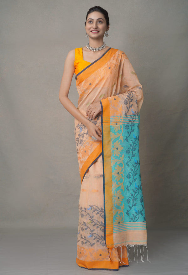 Orange-Blue PureHandloom Bengal Linen Saree