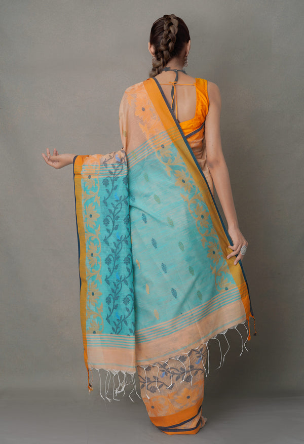 Orange-Blue PureHandloom Bengal Linen Saree