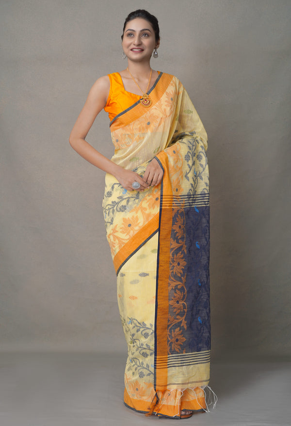 Orange-Blue PureHandloom Bengal Linen Saree-UNM64867
