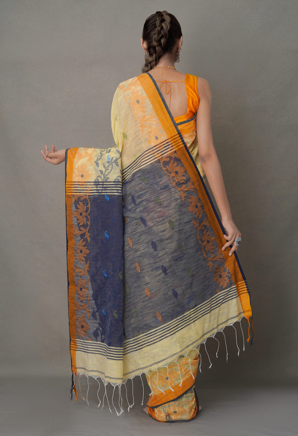 Orange-Blue PureHandloom Bengal Linen Saree-UNM64867