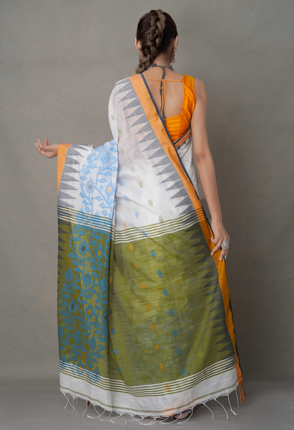 White-Green PureHandloom Bengal Linen Saree