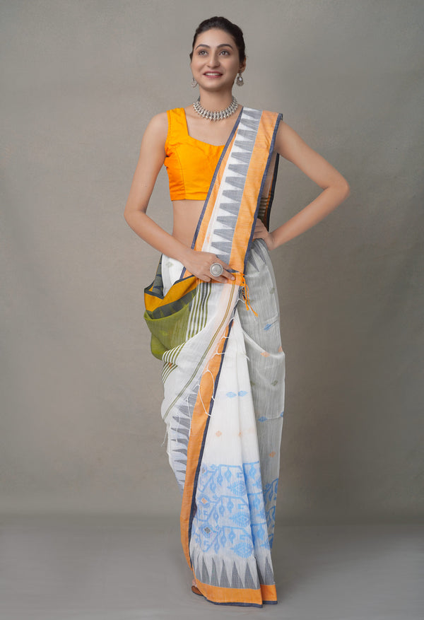 White-Green PureHandloom Bengal Linen Saree
