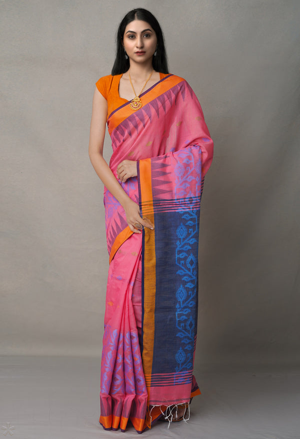 Blue-Pink PureHandloom Bengal Linen Saree