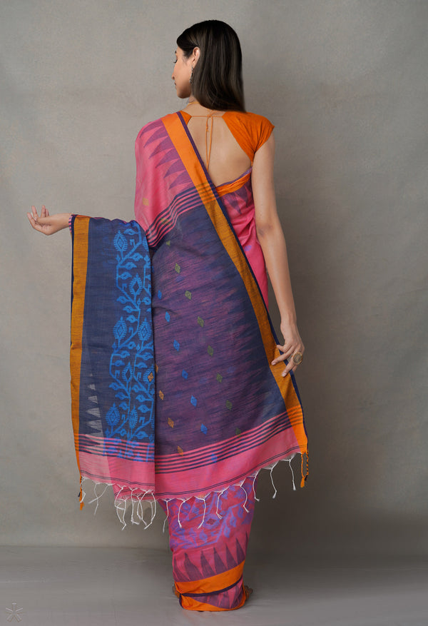 Blue-Pink PureHandloom Bengal Linen Saree