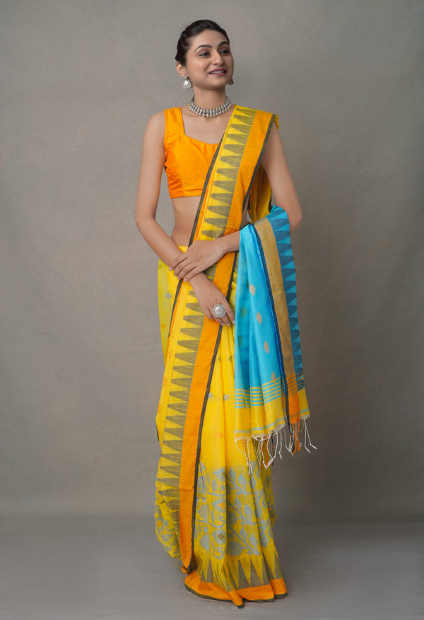 Yellow-Blue PureHandloom Bengal Linen Saree