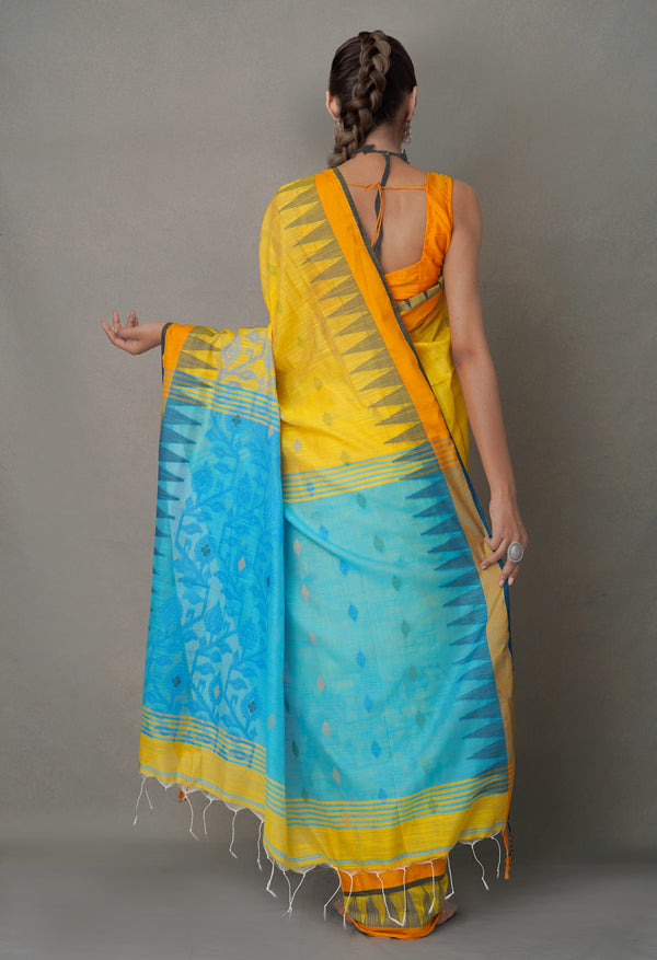 Yellow-Blue PureHandloom Bengal Linen Saree