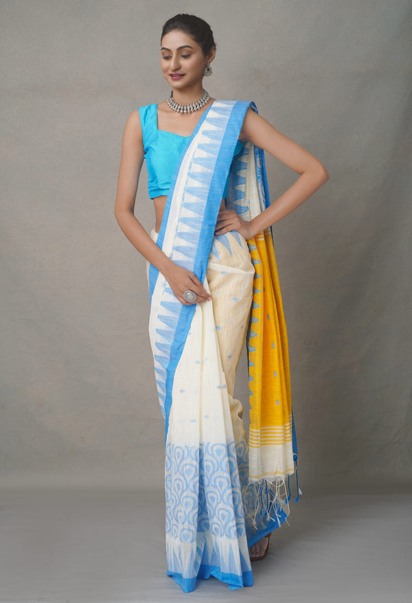 White-Yellow PureHandloom Bengal Linen Saree