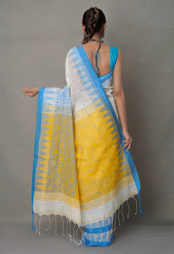 White-Yellow PureHandloom Bengal Linen Saree