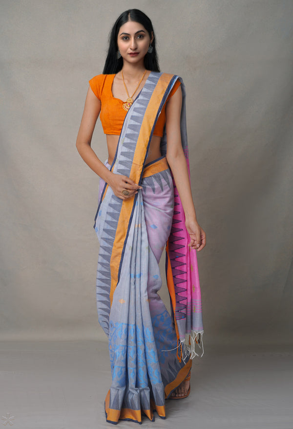 Grey-Pink PureHandloom Bengal Linen Saree