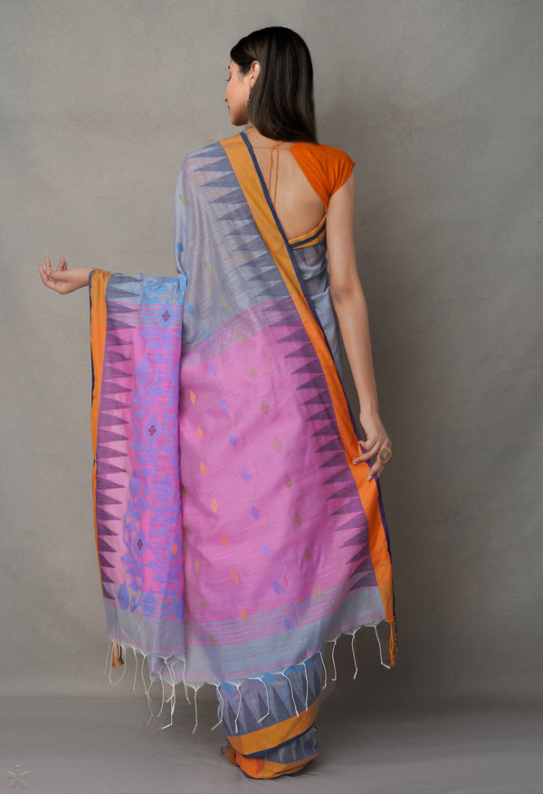 Grey-Pink PureHandloom Bengal Linen Saree