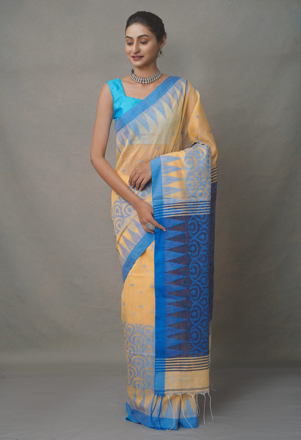 Orange-Blue PureHandloom Bengal Linen Saree