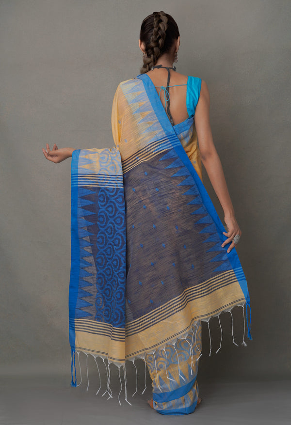 Orange-Blue PureHandloom Bengal Linen Saree