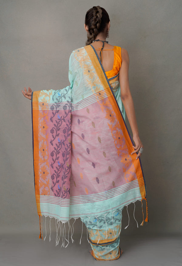 Blue-Red PureHandloom Bengal Linen Saree-UNM64874