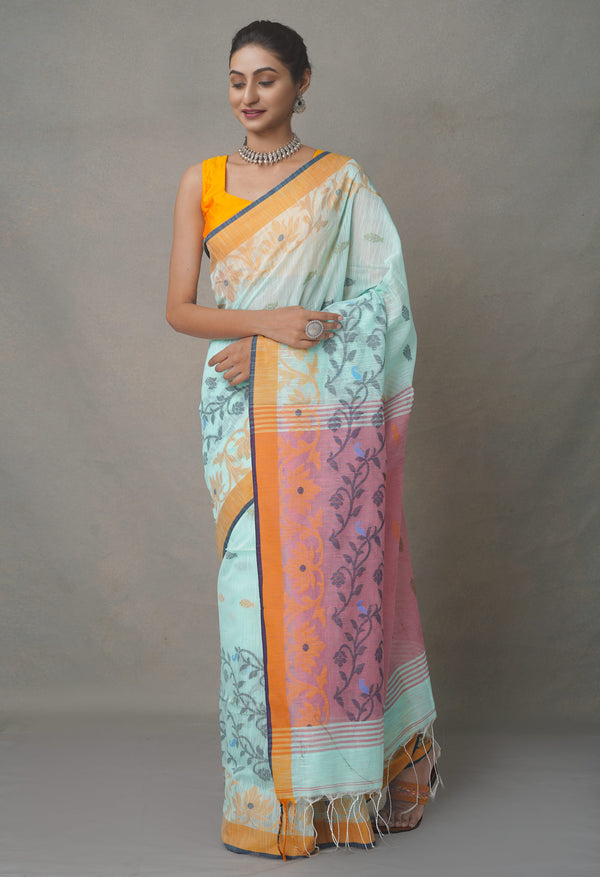 Blue-Red PureHandloom Bengal Linen Saree-UNM64874