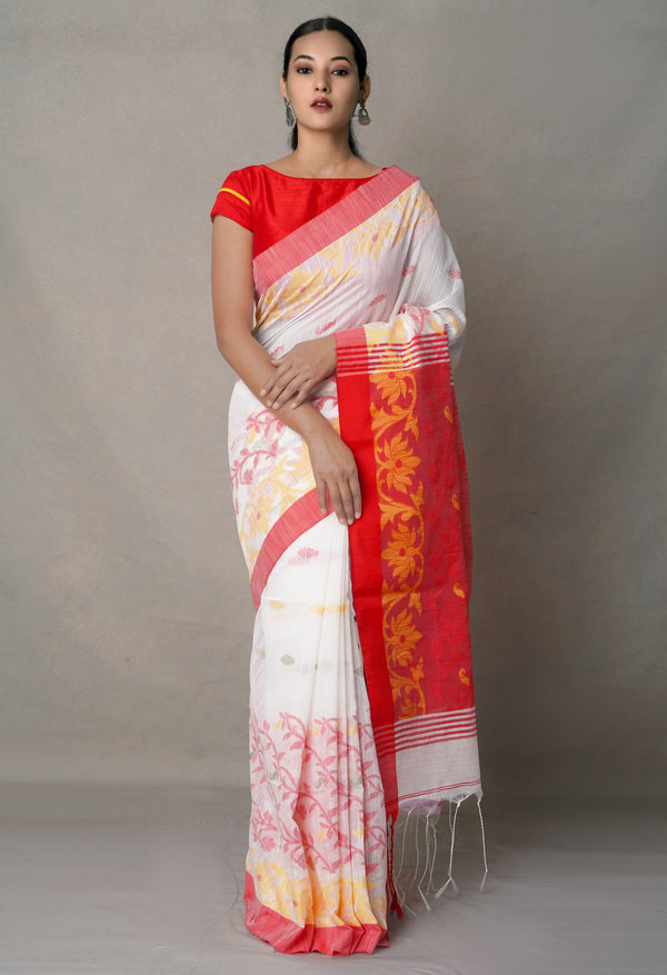Red-White PureHandloom Bengal Linen Saree
