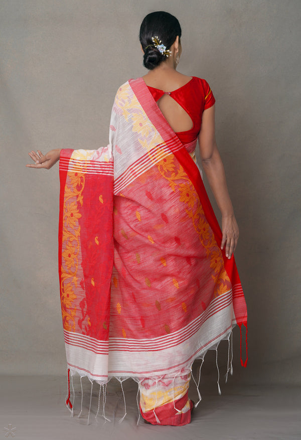 Red-White PureHandloom Bengal Linen Saree