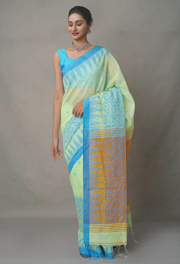 Green-Orange PureHandloom Bengal Linen Saree-UNM64876
