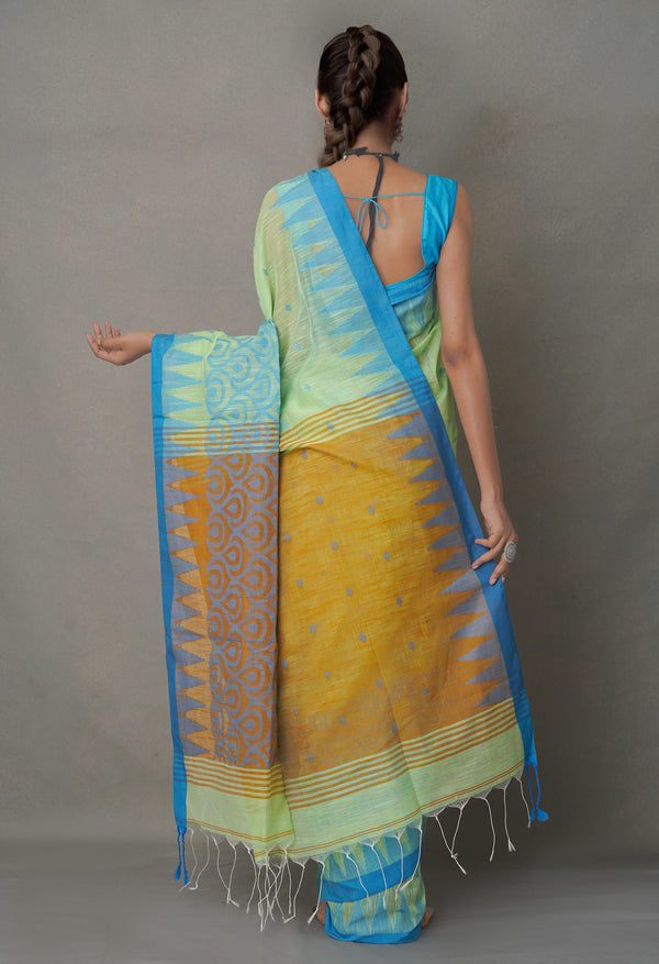 Green-Orange PureHandloom Bengal Linen Saree-UNM64876