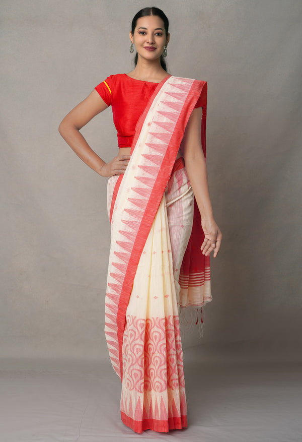 Cream-Red PureHandloom Bengal Linen Saree