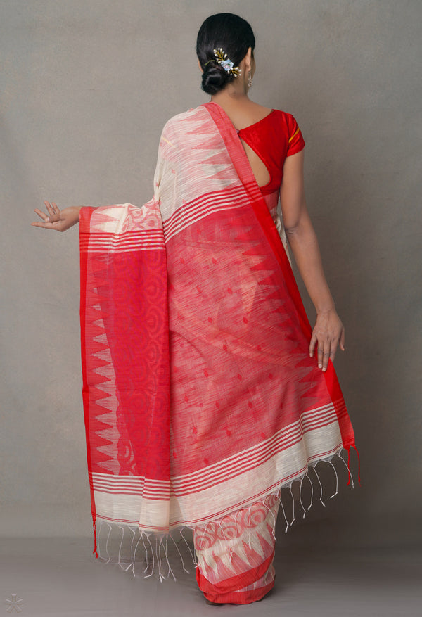 Cream-Red PureHandloom Bengal Linen Saree