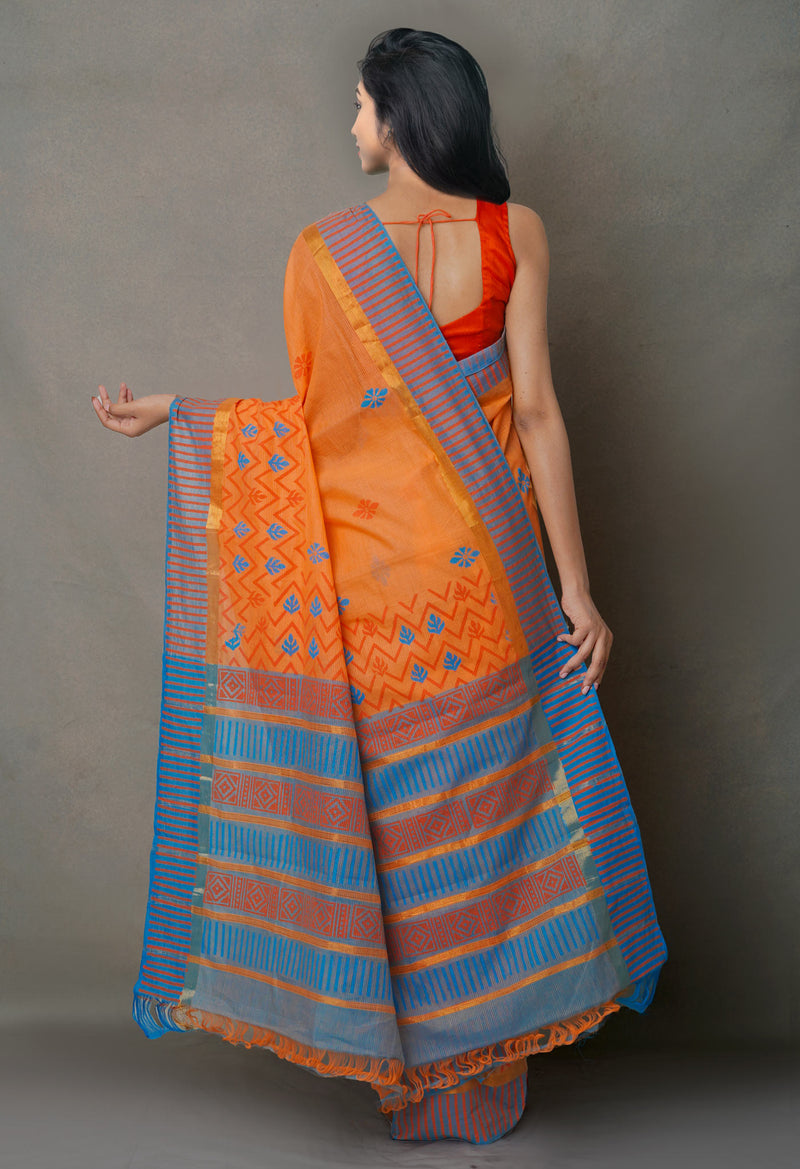 Orange Pure  Hand Block Printed Mangalagiri  Cotton Saree