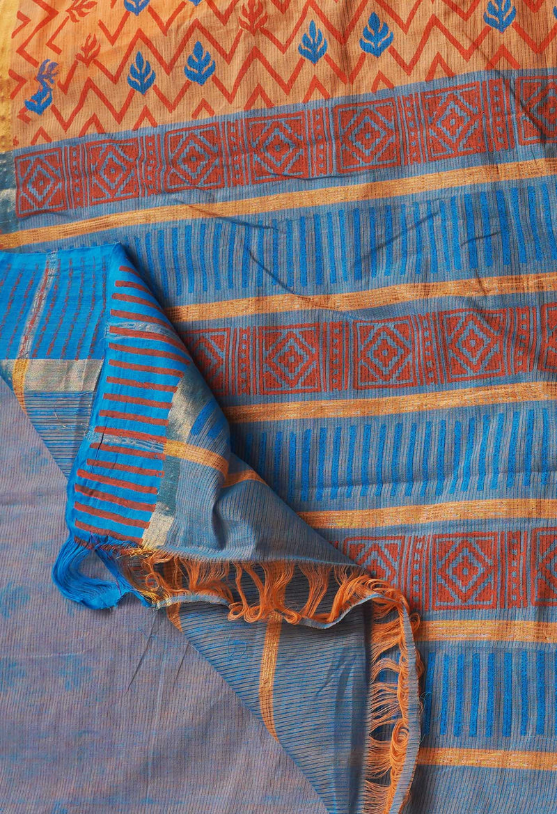 Orange Pure  Hand Block Printed Mangalagiri  Cotton Saree