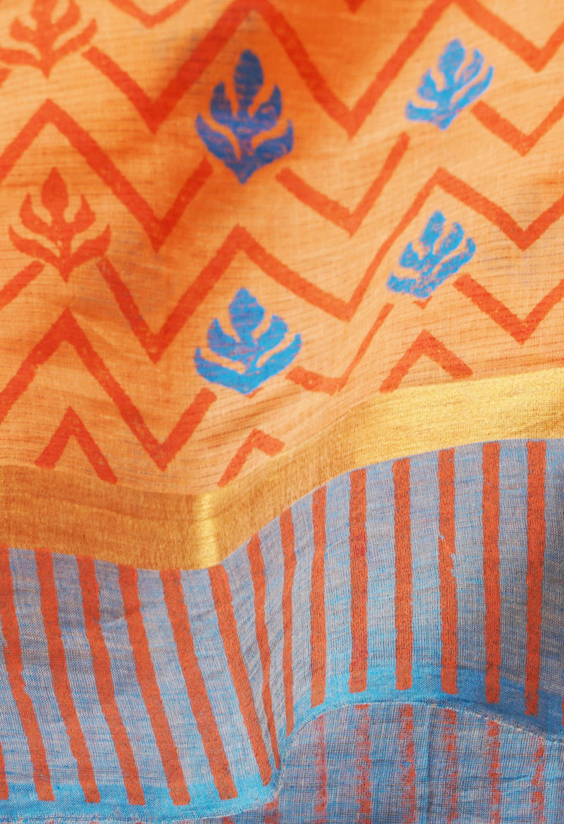 Orange Pure  Hand Block Printed Mangalagiri  Cotton Saree