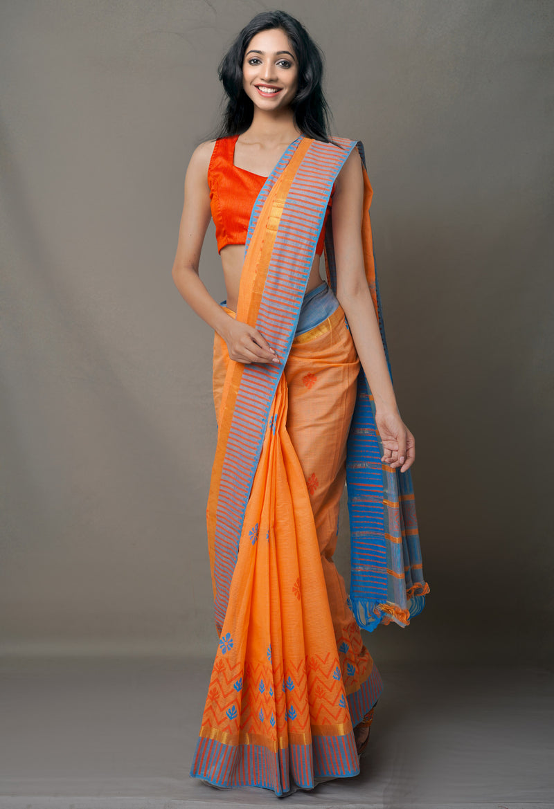 Orange Pure  Hand Block Printed Mangalagiri  Cotton Saree