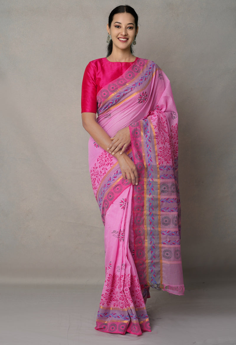 Multi Pure  Hand Block Printed Mangalagiri  Cotton Saree