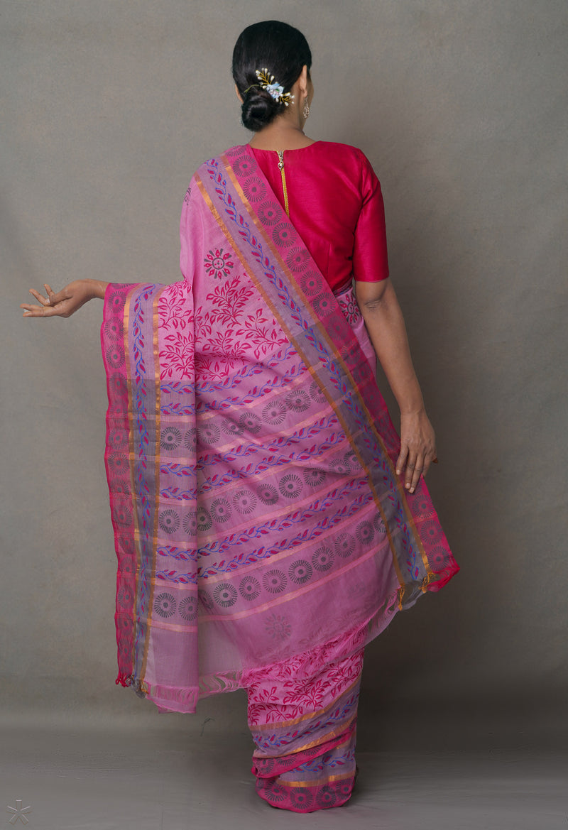 Multi Pure  Hand Block Printed Mangalagiri  Cotton Saree