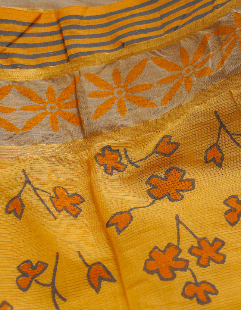 Orange Pure  Hand Block Printed Mangalagiri  Cotton Saree-UNM64892