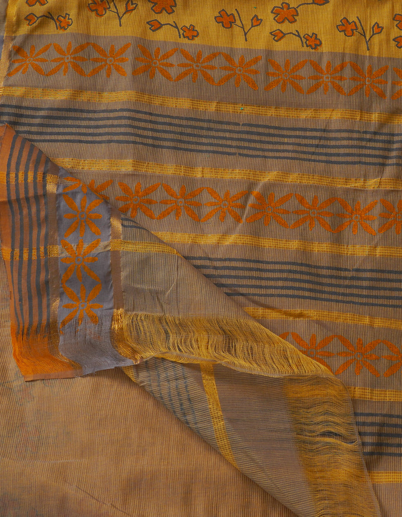 Orange Pure  Hand Block Printed Mangalagiri  Cotton Saree-UNM64892