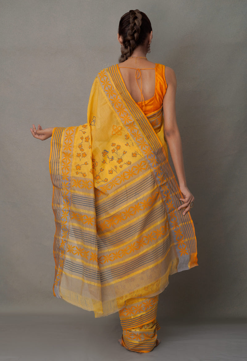Orange Pure  Hand Block Printed Mangalagiri  Cotton Saree-UNM64892