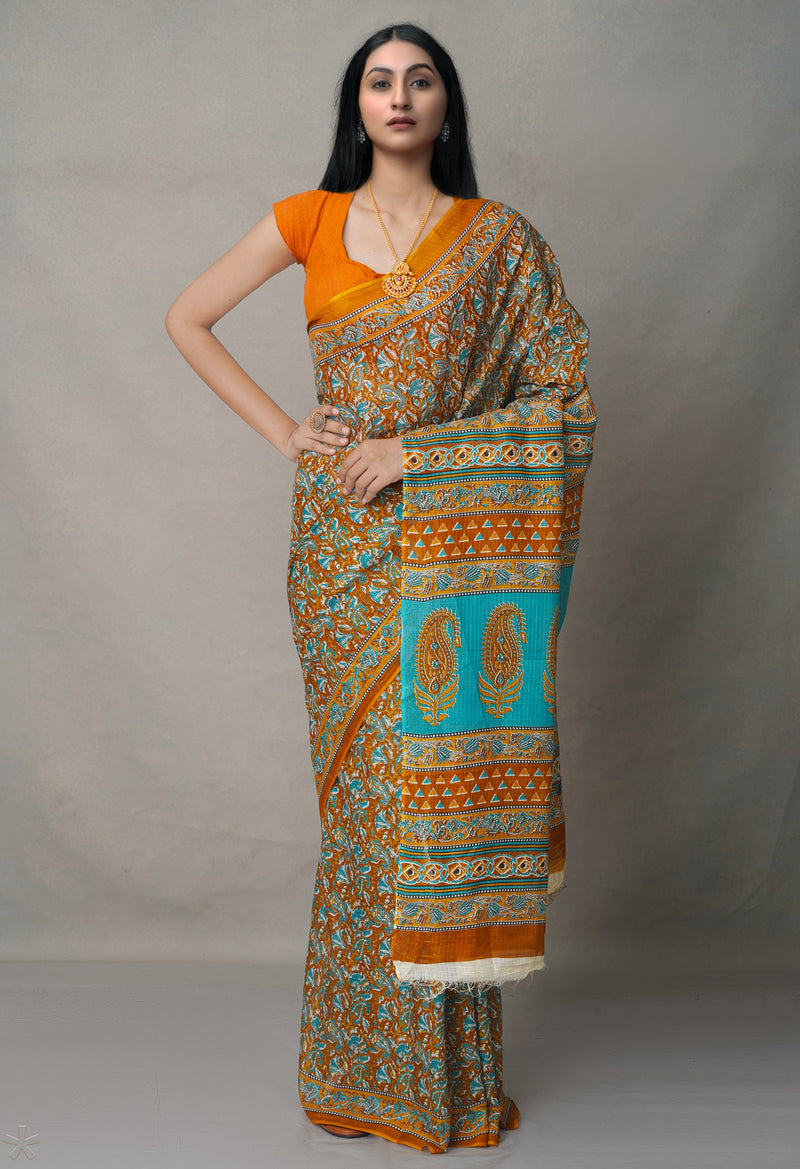 Brown Pure  Block Printed Cotton Saree-UNM64925