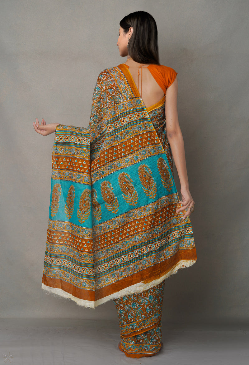 Brown Pure  Block Printed Cotton Saree-UNM64925