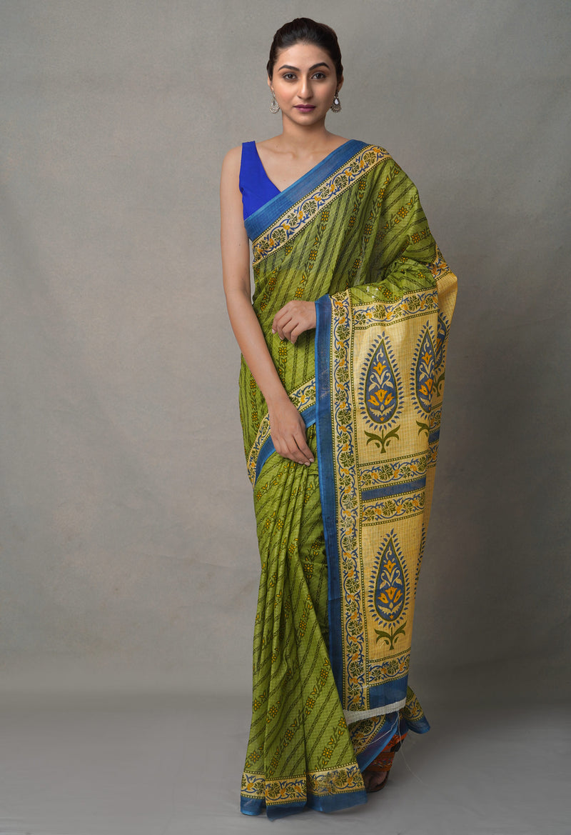Green Pure  Block Printed Cotton Saree-UNM64933