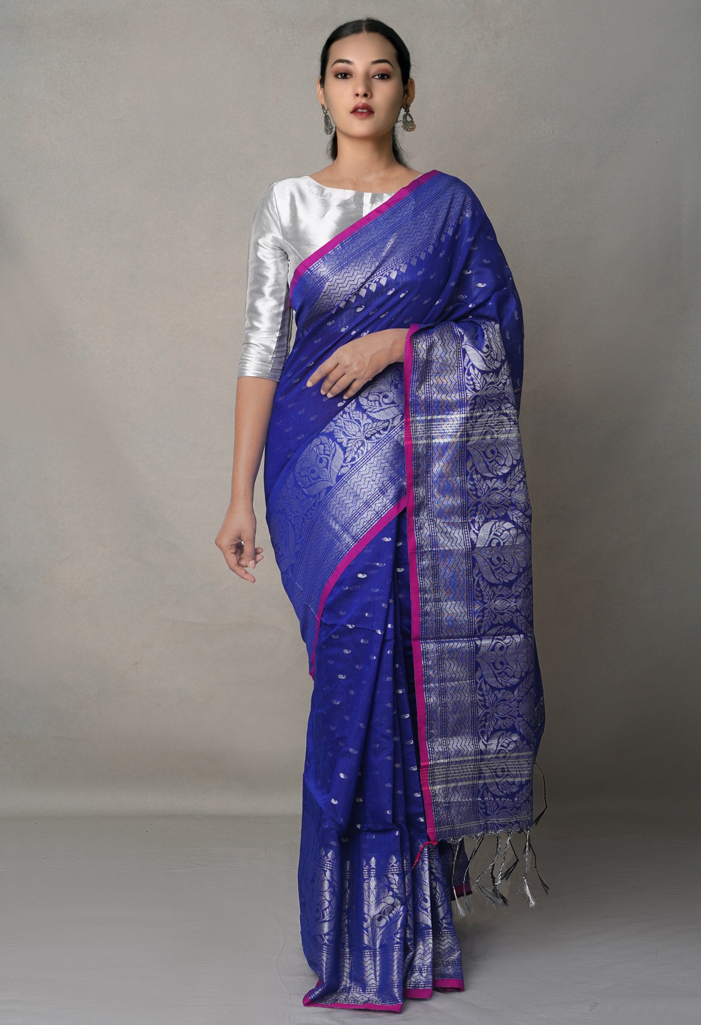 Blue Pure  Handloom Dhakai Jamdhani Cotton Silk Saree-UNM64951