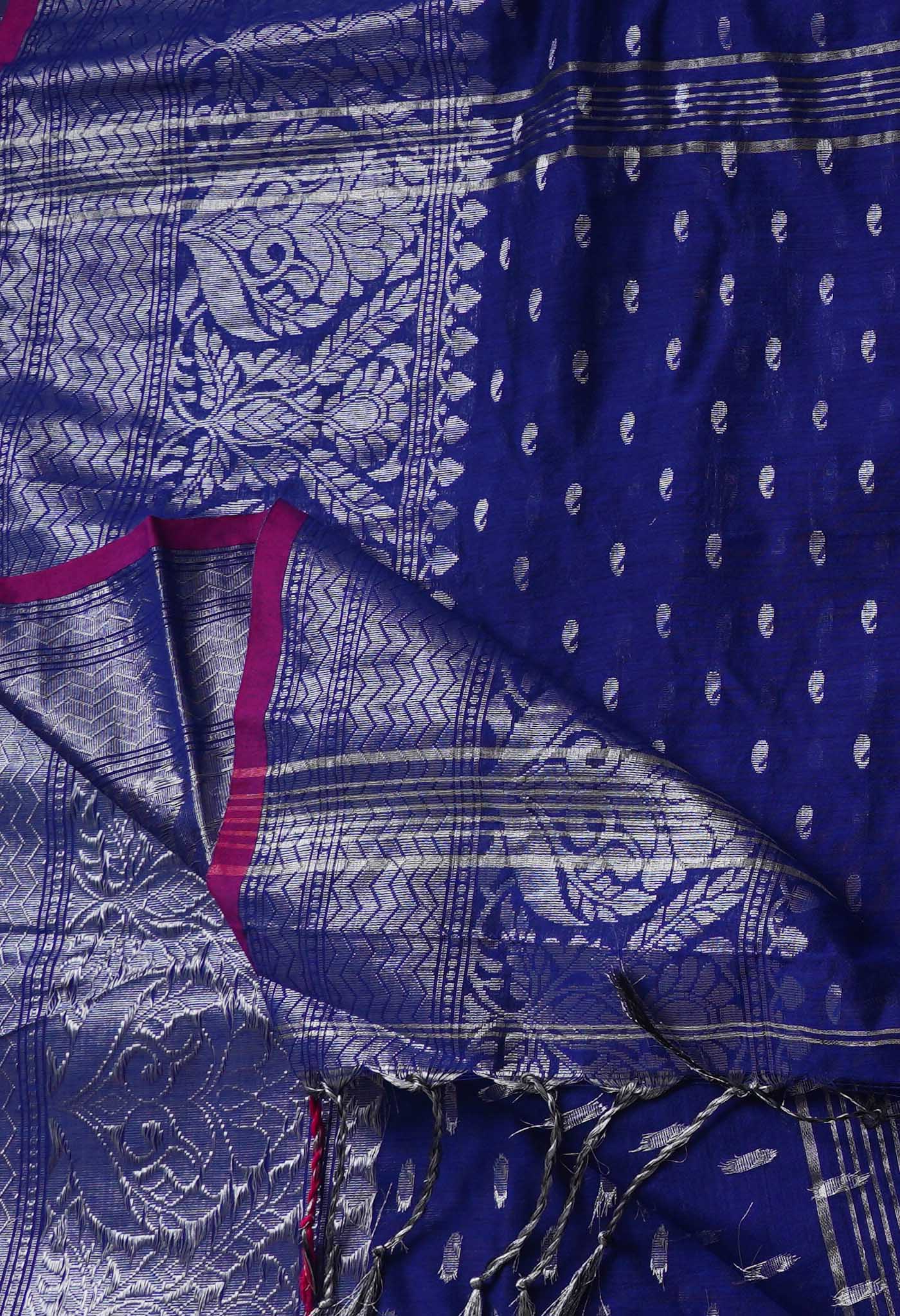 Blue Pure  Handloom Dhakai Jamdhani Cotton Silk Saree-UNM64951