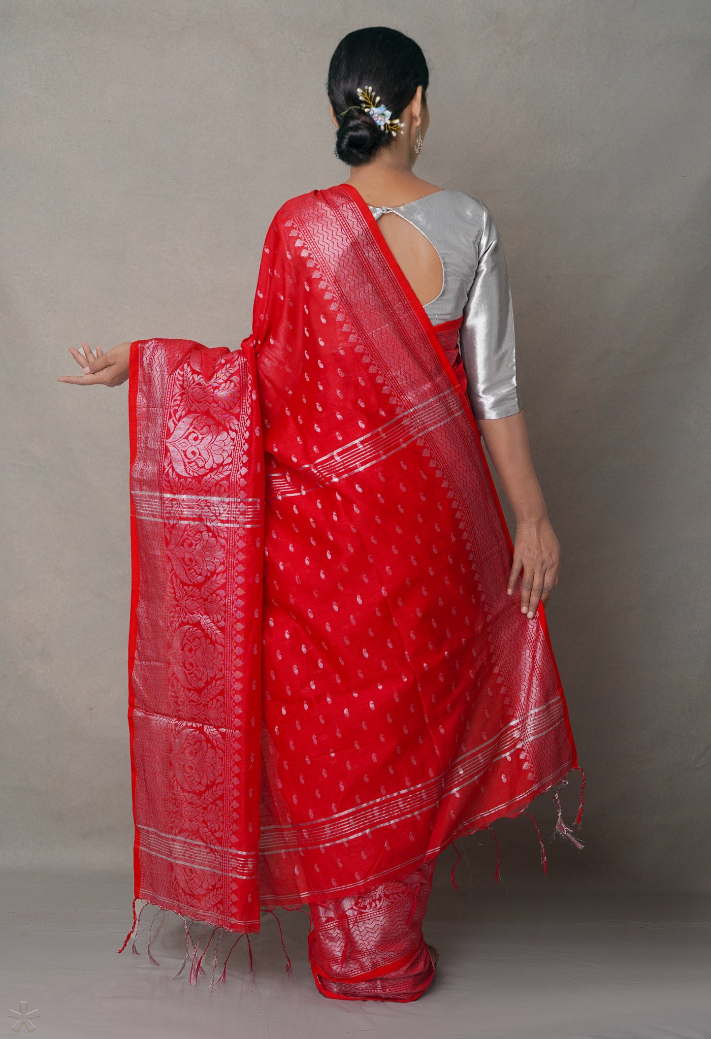 Red Pure  Handloom Dhaka Jamdhani Cotton Silk Saree-UNM64955