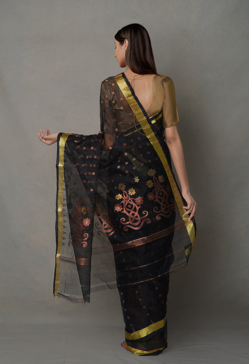 Black Pure Handloom Jamdhani  Organza Saree-UNM64974